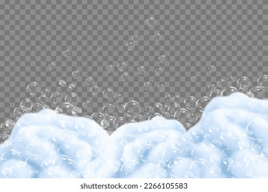 Espuma de baño aislada sobre fondo transparente. La textura de burbujas de champú.Champú espumoso e ilustración vectorial de la bañera.