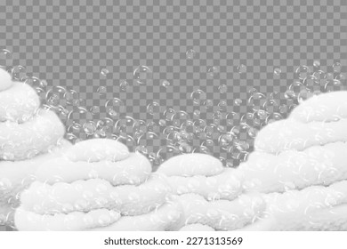 Espuma de baño aislada sobre fondo transparente. La textura de burbujas de champú.Champú espumoso e ilustración vectorial de la bañera.