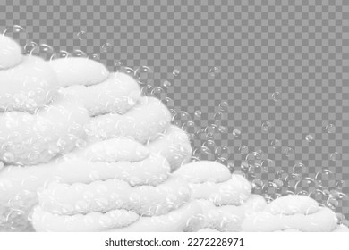 Bath foam isolated on transparent background. Shampoo bubbles texture.Sparkling shampoo and bath lather vector illustration.