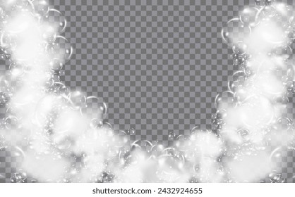 Bath foam isolated on transparent background. Shampoo bubbles texture.Sparkling shampoo and bath lather vector illustration.