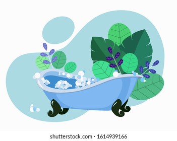 Bath with foam on the background of tropic leaves. Spa in the jungle. Flat vector stock illustration.