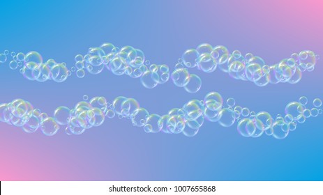 Bath foam on gradient background. Realistic water bubbles 3d. Cool rainbow colored liquid foam with shampoo bubbles. Cosmetic flyer and invite. Bath foam for bathroom and shower. Vector EPS10.