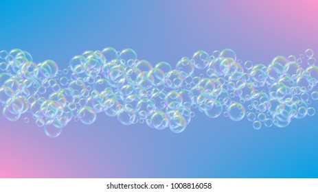Bath foam on gradient background. Realistic water bubbles 3d. Cool rainbow colored liquid foam with shampoo bubbles. Cosmetic flyer and invite. Bath foam for bathroom and shower. Vector EPS10.