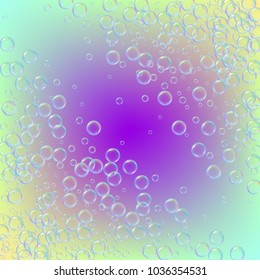 Bath foam on gradient background. Realistic water bubbles 3d. Cool rainbow colored liquid with shampoo bubbles. Cosmetic flyer and invite. Bath foam for bathroom and shower. Vector EPS10.