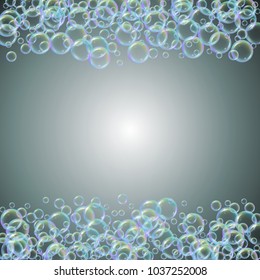 Bath foam on gradient background. Realistic water bubbles 3d. Cool rainbow colored liquid with shampoo bubbles. Cosmetic flyer and invite. Bath foam for bathroom and shower. Vector EPS10.