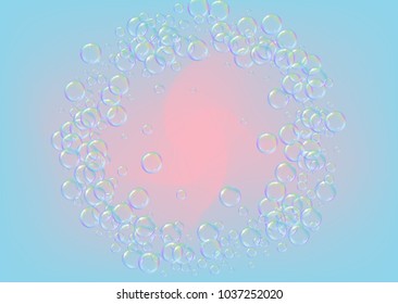 Bath foam on gradient background. Realistic water bubbles 3d. Cool rainbow colored liquid foam with shampoo bubbles. Horizontal cosmetic flyer and invite. Bath foam for bathroom and shower.