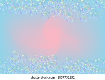 Bath foam on gradient background. Realistic water bubbles 3d. Cool rainbow colored liquid foam with shampoo bubbles. Horizontal cosmetic flyer and invite. Bath foam for bathroom and shower.