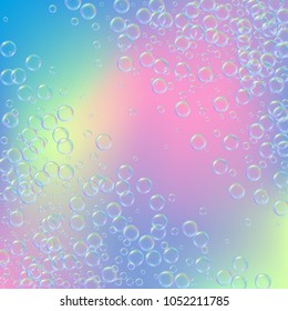 Bath foam on gradient background. Realistic water bubbles 3d. Cool rainbow colored liquid with shampoo bubbles. Cosmetic flyer and invite. Bath foam for bathroom and shower. Vector EPS10.