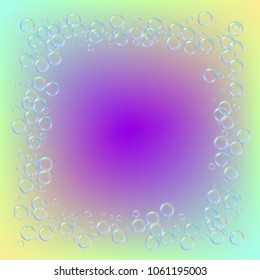 Bath foam on gradient background. Realistic water bubbles 3d. Cool rainbow colored liquid with shampoo bubbles. Cosmetic flyer and invite. Bath foam for bathroom and shower. Vector EPS10.