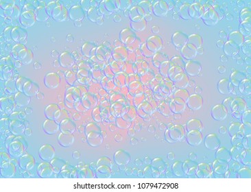 Bath foam on gradient background. Realistic water bubbles 3d. Cool rainbow colored liquid foam with shampoo bubbles. Horizontal cosmetic flyer and invite. Bath foam for bathroom and shower.