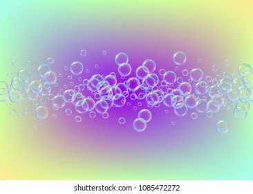 Bath foam on gradient background. Realistic water bubbles 3d. Cool rainbow colored liquid foam with shampoo bubbles. Horizontal cosmetic flyer and invite. Bath foam for bathroom and shower.