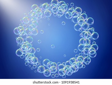 Bath foam on gradient background. Realistic water bubbles 3d. Cool rainbow colored liquid foam with shampoo bubbles. Horizontal cosmetic flyer and invite. Bath foam for bathroom and shower.