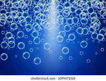 Bath foam on gradient background. Realistic water bubbles 3d. Cool rainbow colored liquid foam with shampoo bubbles. Horizontal cosmetic flyer and invite. Bath foam for bathroom and shower.