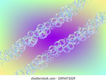 Bath foam on gradient background. Realistic water bubbles 3d. Cool rainbow colored liquid foam with shampoo bubbles. Horizontal cosmetic flyer and invite. Bath foam for bathroom and shower.
