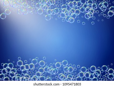 Bath foam on gradient background. Realistic water bubbles 3d. Cool rainbow colored liquid foam with shampoo bubbles. Horizontal cosmetic flyer and invite. Bath foam for bathroom and shower.