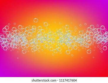 Bath foam on gradient background. Realistic water bubbles 3d. Cool rainbow colored liquid foam with shampoo bubbles. Horizontal cosmetic flyer and invite. Bath foam for bathroom and shower.