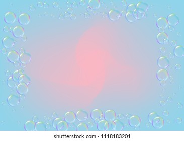 Bath foam on gradient background. Realistic water bubbles 3d. Cool rainbow colored liquid foam with shampoo bubbles. Horizontal cosmetic flyer and invite. Bath foam for bathroom and shower.