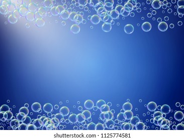 Bath foam on gradient background. Realistic water bubbles 3d. Cool rainbow colored liquid foam with shampoo bubbles. Horizontal cosmetic flyer and invite. Bath foam for bathroom and shower.