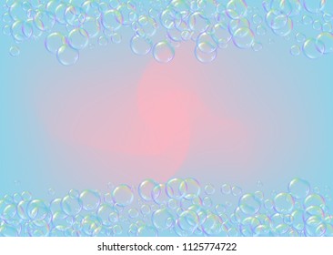 Bath foam on gradient background. Realistic water bubbles 3d. Cool rainbow colored liquid foam with shampoo bubbles. Horizontal cosmetic flyer and invite. Bath foam for bathroom and shower.