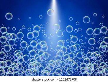 Bath foam on gradient background. Realistic water bubbles 3d. Cool rainbow colored liquid foam with shampoo bubbles. Horizontal cosmetic flyer and invite. Bath foam for bathroom and shower.