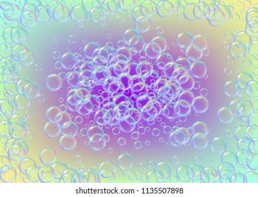 Bath foam on gradient background. Realistic water bubbles 3d. Cool rainbow colored liquid foam with shampoo bubbles. Horizontal cosmetic flyer and invite. Bath foam for bathroom and shower.