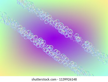 Bath foam on gradient background. Realistic water bubbles 3d. Cool rainbow colored liquid foam with shampoo bubbles. Horizontal cosmetic flyer and invite. Bath foam for bathroom and shower.