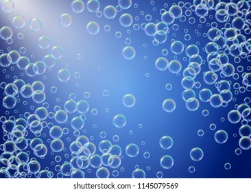 Bath foam on gradient background. Realistic water bubbles 3d. Cool rainbow colored liquid foam with shampoo bubbles. Horizontal cosmetic flyer and invite. Bath foam for bathroom and shower.