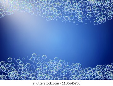 Bath foam on gradient background. Realistic water bubbles 3d. Cool rainbow colored liquid foam with shampoo bubbles. Horizontal cosmetic flyer and invite. Bath foam for bathroom and shower.