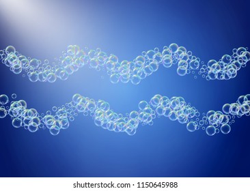 Bath foam on gradient background. Realistic water bubbles 3d. Cool rainbow colored liquid foam with shampoo bubbles. Horizontal cosmetic flyer and invite. Bath foam for bathroom and shower.