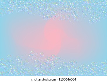 Bath foam on gradient background. Realistic water bubbles 3d. Cool rainbow colored liquid foam with shampoo bubbles. Horizontal cosmetic flyer and invite. Bath foam for bathroom and shower.