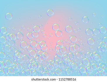 Bath foam on gradient background. Realistic water bubbles 3d. Cool rainbow colored liquid foam with shampoo bubbles. Horizontal cosmetic flyer and invite. Bath foam for bathroom and shower.