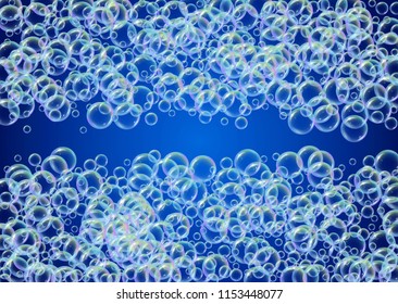 Bath foam on gradient background. Realistic water bubbles 3d. Cool rainbow colored liquid foam with shampoo bubbles. Horizontal cosmetic flyer and invite. Bath foam for bathroom and shower.