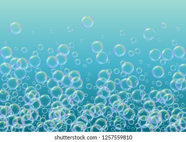 Bath foam on gradient background. Realistic water bubbles 3d. Cool rainbow colored liquid foam with shampoo bubbles. Horizontal cosmetic flyer and invite. Bath foam for bathroom and shower.
