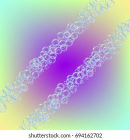 Bath foam on gradient background. Realistic water bubbles 3d. Cool rainbow colored liquid shampoo bubbles. Cosmetic flyer and invite. Bath foam for bathroom and shower. Vector EPS10.