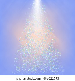 Bath foam on gradient background. Realistic water bubbles 3d. Cool rainbow colored liquid with shampoo bubbles. Cosmetic flyer and invite. Bath foam for bathroom and shower. Vector EPS10.
