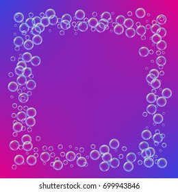 Bath foam on gradient background. Realistic water bubbles 3d. Cool rainbow colored liquid with shampoo bubbles. Cosmetic flyer and invite. Bath foam for bathroom and shower. Vector EPS10.