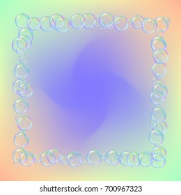 Bath foam on gradient background. Realistic water bubbles 3d. Cool rainbow colored liquid with shampoo bubbles. Cosmetic flyer and invite. Bath foam for bathroom and shower. Vector EPS10.