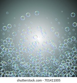 Bath foam on gradient background. Realistic water bubbles 3d. Cool rainbow colored liquid with shampoo bubbles. Cosmetic flyer and invite. Bath foam for bathroom and shower. Vector EPS10.