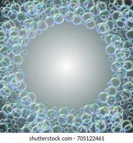 Bath foam on gradient background. Realistic water bubbles 3d. Cool rainbow colored liquid with shampoo bubbles. Cosmetic flyer and invite. Bath foam for bathroom and shower. Vector EPS10.