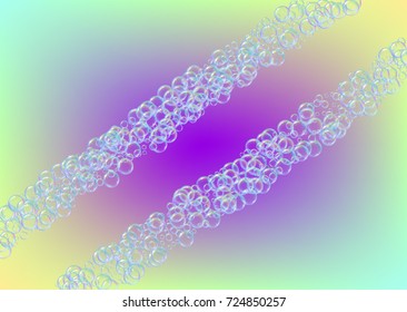 Bath foam on gradient background. Realistic water bubbles 3d. Cool rainbow colored liquid foam with shampoo bubbles. Horizontal cosmetic flyer and invite. Bath foam for bathroom and shower.