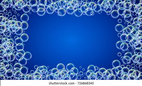 Bath foam on gradient background. Realistic water bubbles 3d. Cool rainbow colored liquid foam with shampoo bubbles. Cosmetic flyer and invite. Bath foam for bathroom and shower. Vector EPS10.