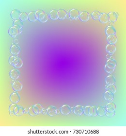 Bath foam on gradient background. Realistic water bubbles. Cool rainbow colored liquid with shampoo bubbles. Cosmetic flyer and invite. Bath foam for bathroom and shower. Vector EPS10.