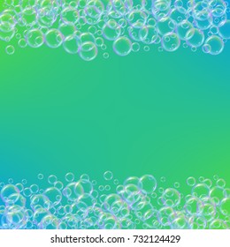 Bath foam on gradient background. Realistic water bubbles 3d. Cool rainbow colored liquid with shampoo bubbles. Cosmetic flyer and invite. Bath foam for bathroom and shower. Vector EPS10.