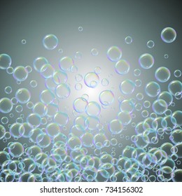 Bath foam on gradient background. Realistic water bubbles 3d. Cool rainbow colored liquid with shampoo bubbles. Cosmetic flyer and invite. Bath foam for bathroom and shower. Vector EPS10.