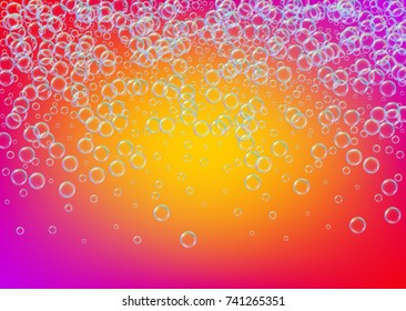 Bath foam on gradient background. Realistic water bubbles 3d. Cool rainbow colored liquid foam with shampoo bubbles. Horizontal cosmetic flyer and invite. Bath foam for bathroom and shower.