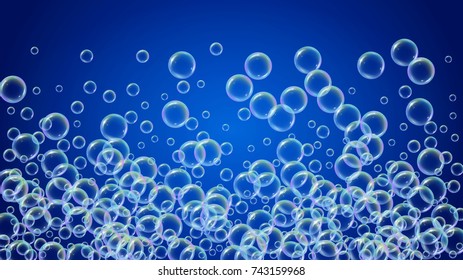 Bath foam on gradient background. Realistic water bubbles 3d. Cool rainbow colored liquid foam with shampoo bubbles. Cosmetic flyer and invite. Bath foam for bathroom and shower. Vector EPS10.