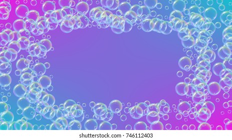 Bath foam on gradient background. Realistic water bubbles 3d. Cool rainbow colored liquid foam with shampoo bubbles. Cosmetic flyer and invite. Bath foam for bathroom and shower. Vector EPS10.