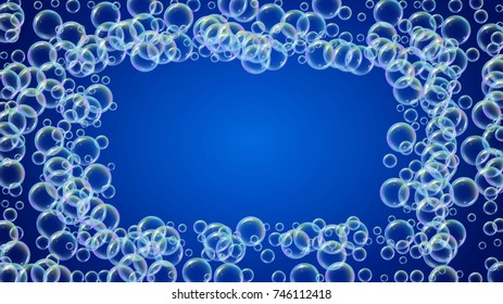Bath foam on gradient background. Realistic water bubbles 3d. Cool rainbow colored liquid foam with shampoo bubbles. Cosmetic flyer and invite. Bath foam for bathroom and shower. Vector EPS10.
