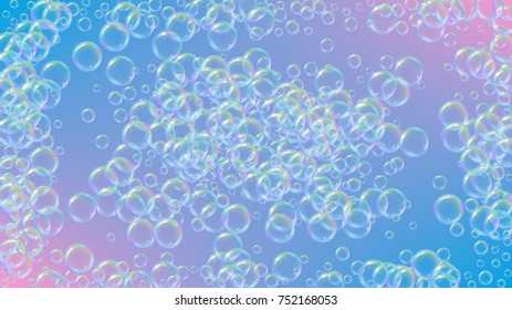 Bath foam on gradient background. Realistic water bubbles 3d. Cool rainbow colored liquid foam with shampoo bubbles. Cosmetic flyer and invite. Bath foam for bathroom and shower. Vector EPS10.