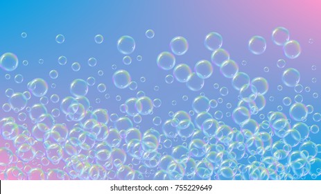 Bath foam on gradient background. Realistic water bubbles 3d. Cool rainbow colored liquid foam with shampoo bubbles. Cosmetic flyer and invite. Bath foam for bathroom and shower. Vector EPS10.